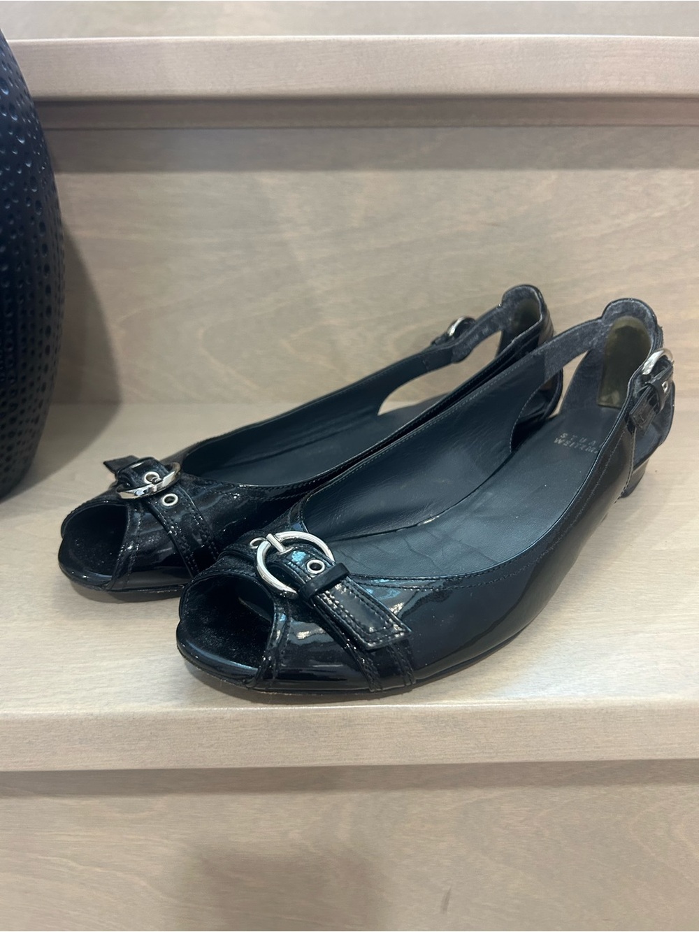 Stuart Weitzman Black Patent Peep-Toe Flats with Silver Buckle Accent❤️8.5